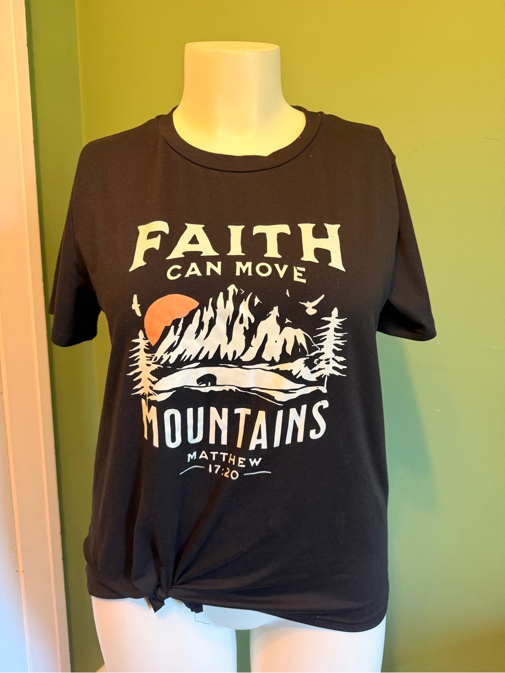 Faith Can Move Mountains Black Graphic Tee with Sunset Accent